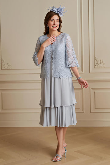 Argent A-ligne niveaux mousseline de soie dentelle manteau 2 pièces mère de la mariée robe